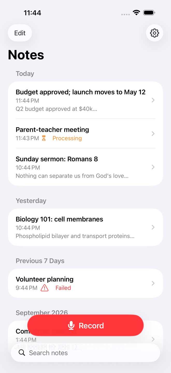PeaceLingo on iPhone: notes grouped by Today and Yesterday, with a floating Record button