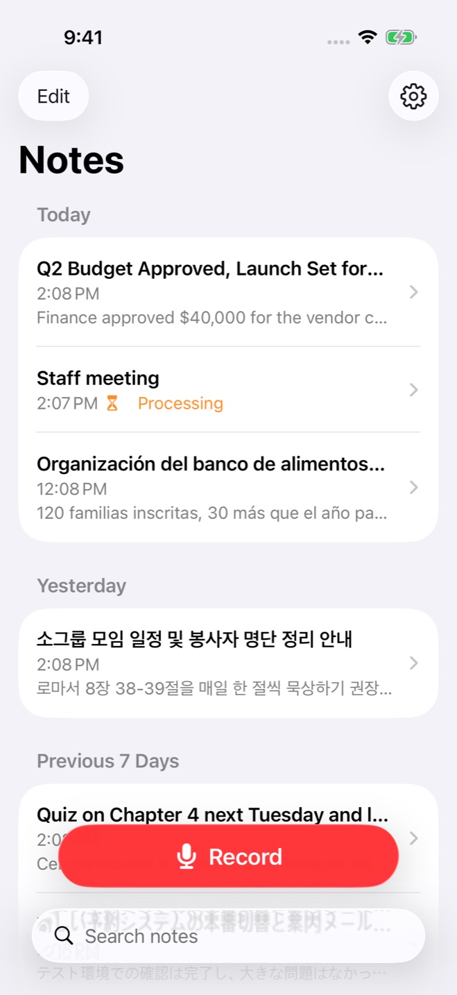 PeaceLingo on iPhone: notes in English, Spanish, Korean and Japanese grouped by Today, Yesterday and the last 7 days, with a floating Record button