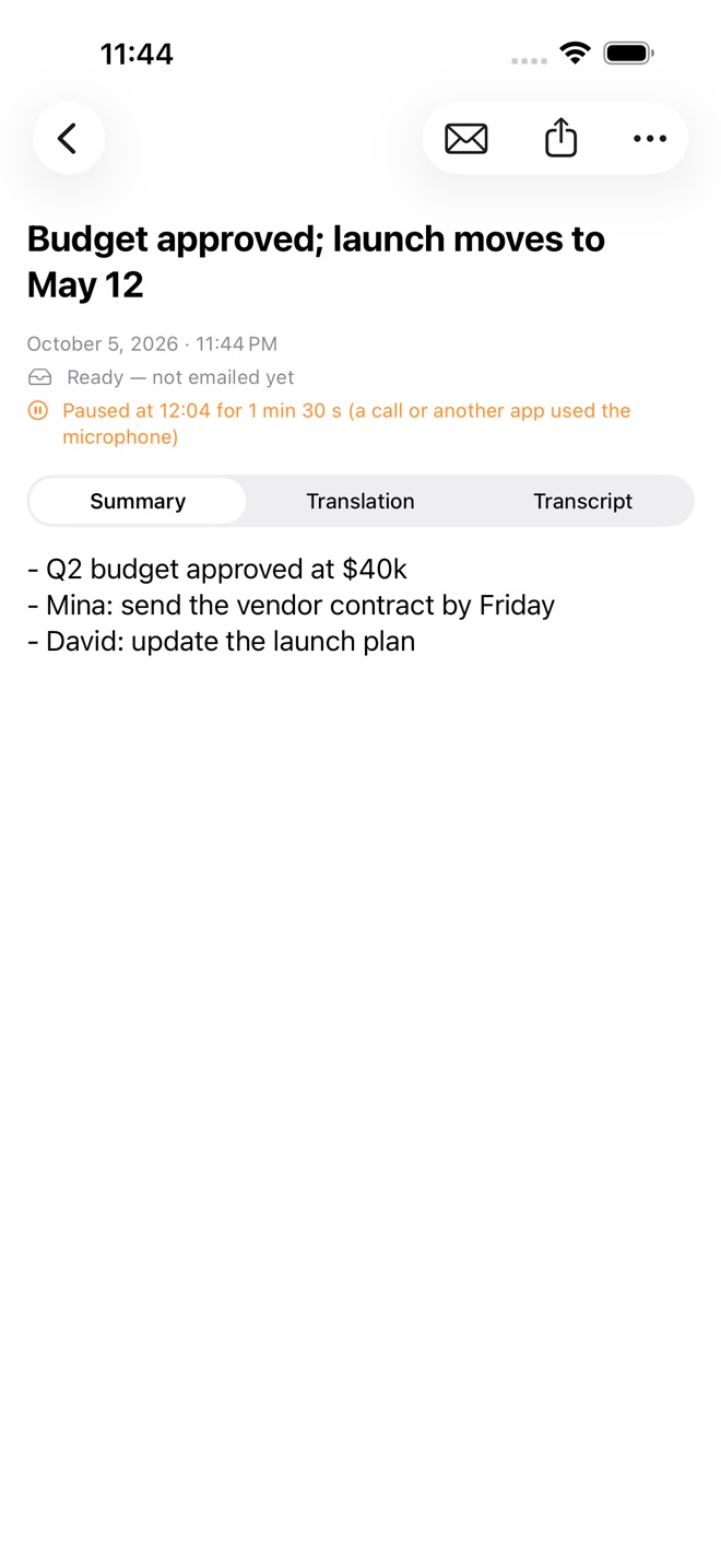 A meeting note on iPhone: summary with owners and dates, Summary / Translation / Transcript tabs, and a marker where a phone call paused the recording