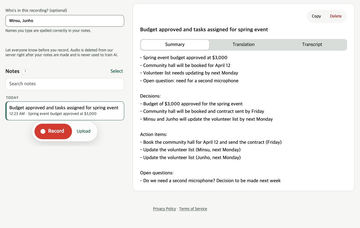 PeaceLingo in a web browser: notes on the left, the open note with Summary, Translation and Transcript tabs on the right